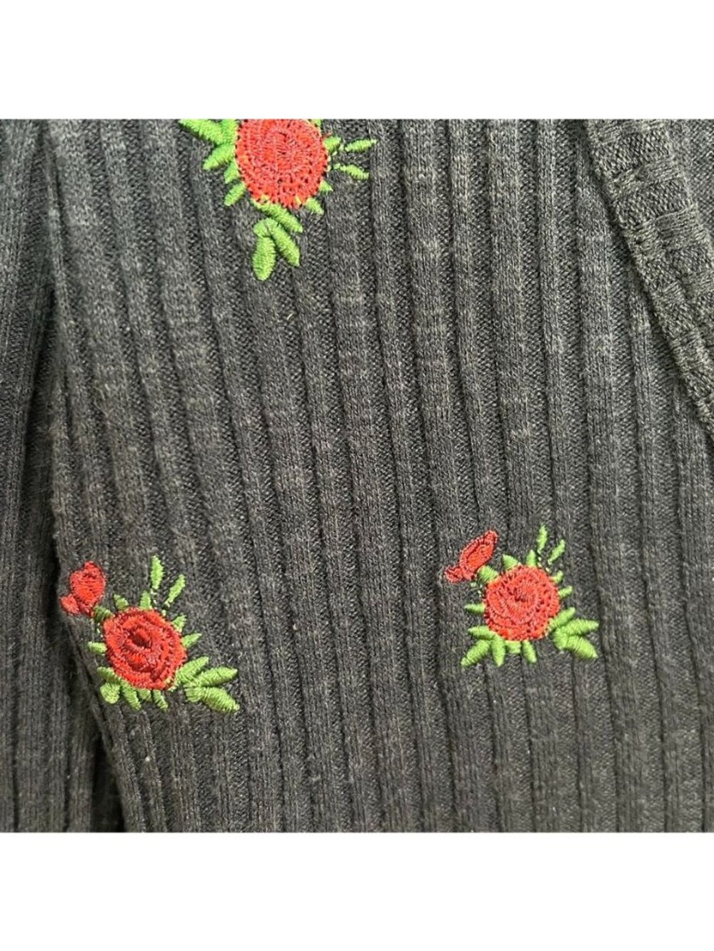 Whimsigoth 90s M Black Rib Knit Cropped Cardigan Embroidered Long Sleeve Sweater - Picture 3 of 11
